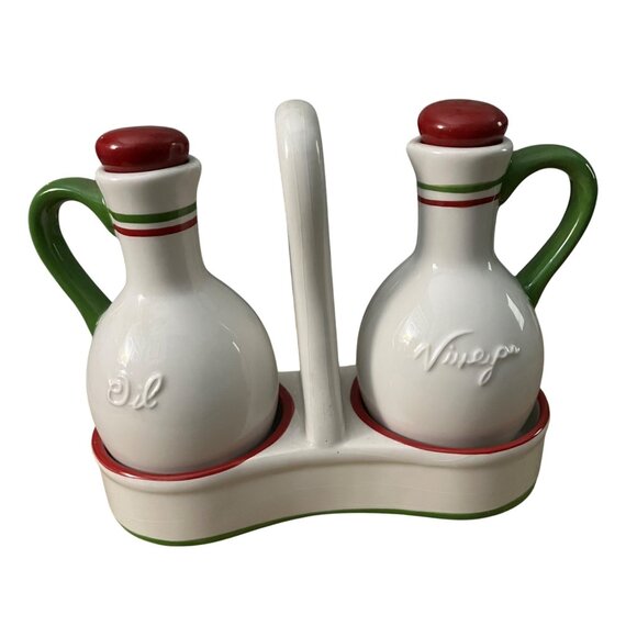 Vintage Oil and Vinegar Ceramic Cruet Set with Caddy Christmas White Red Green - Picture 1 of 4